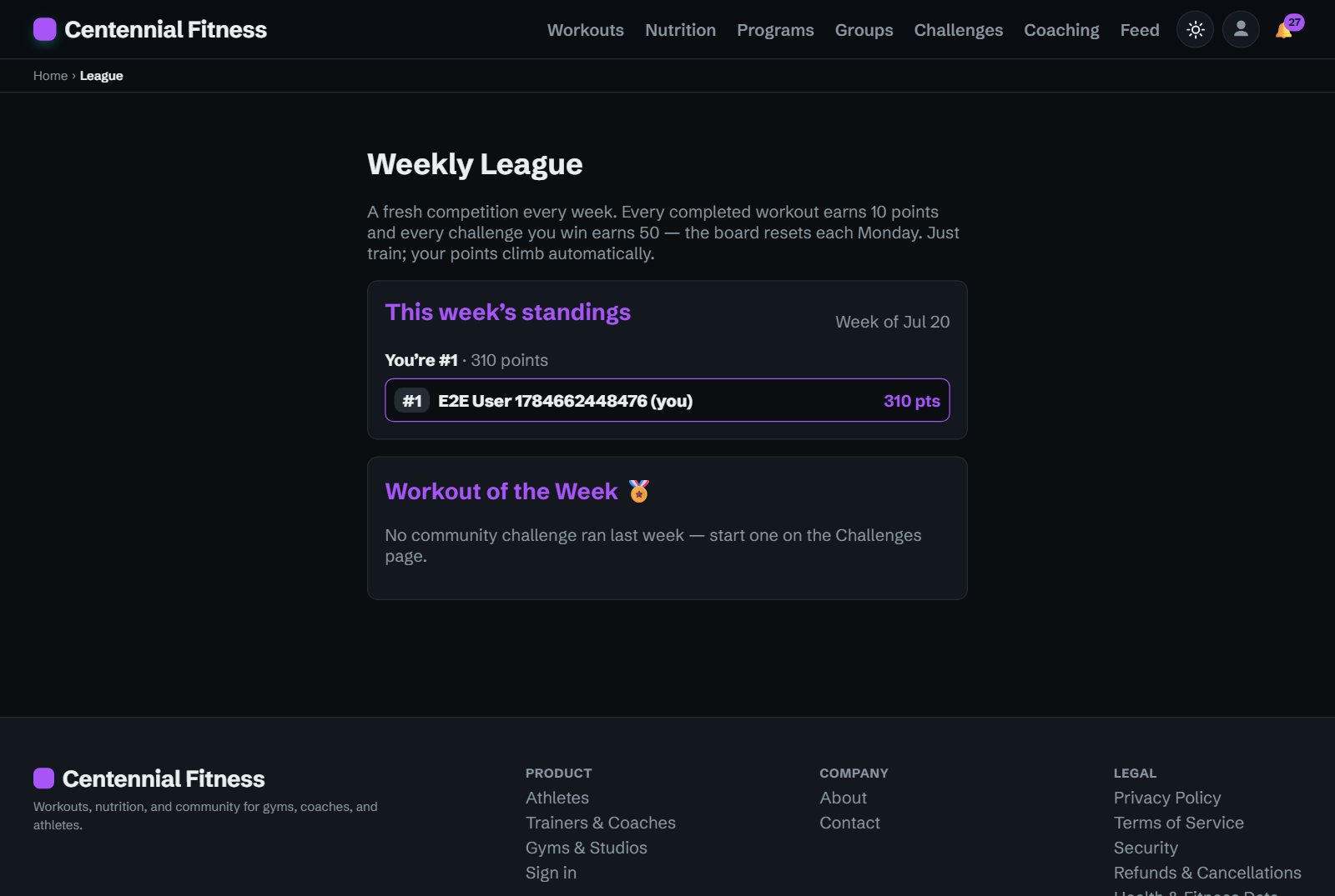 Weekly League standings showing your rank and points, with a workout-of-the-week panel.